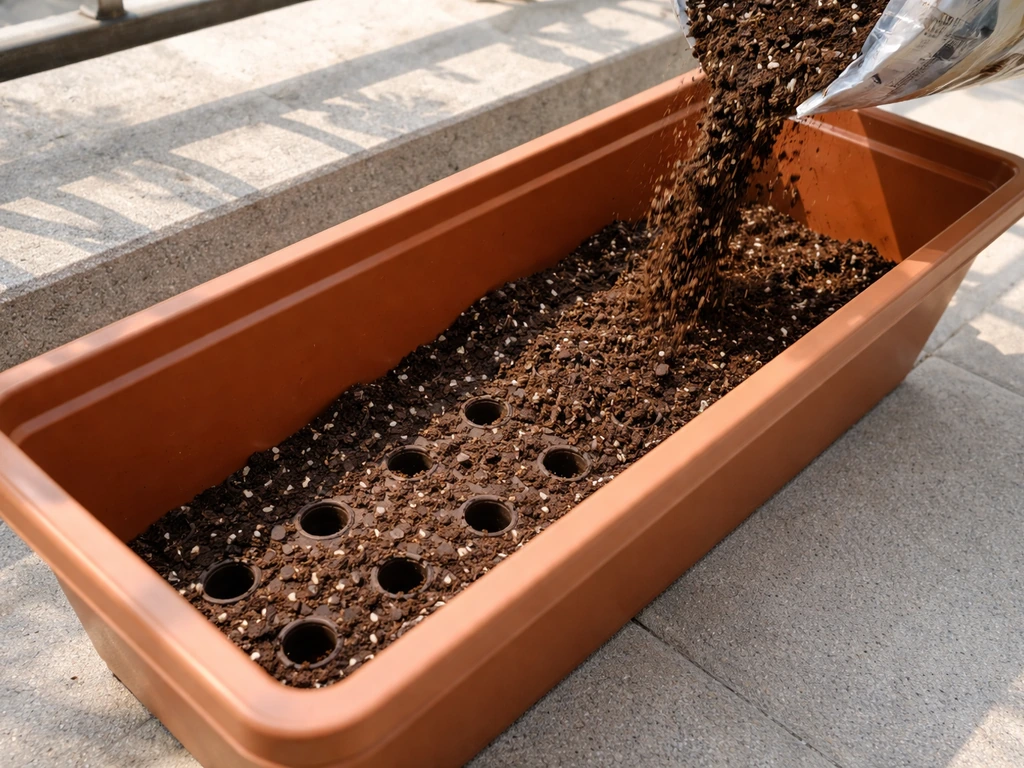 Balcony planter with visible drainage holes while potting mix is poured in for proper filling.