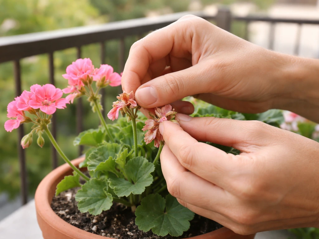 Hands deadheading spent blooms on a balcony container plant, removing flowers to encourage new blooms.