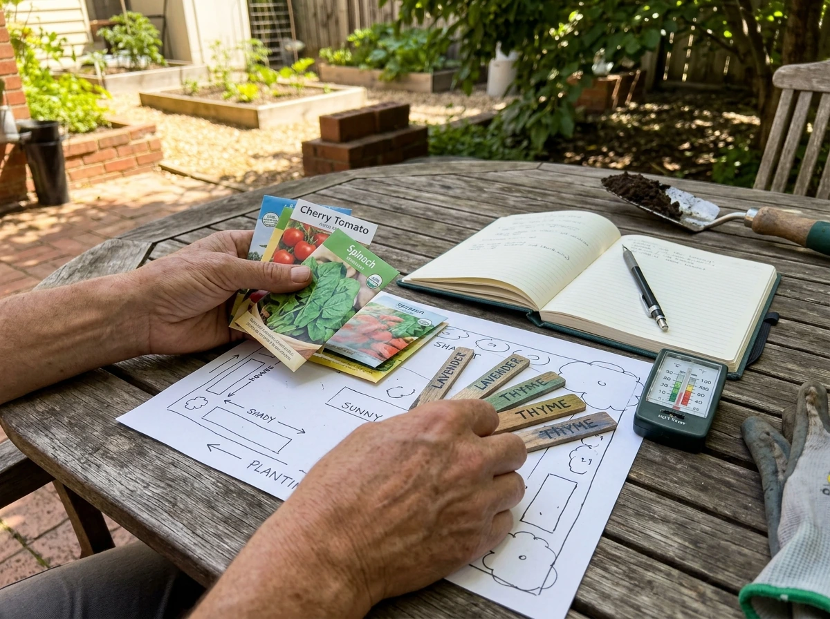 Seed packets and plant tags compared against sunny and shady spots in the yard
