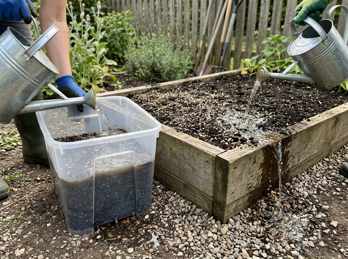 Water runoff test showing proper drainage in bed vs container