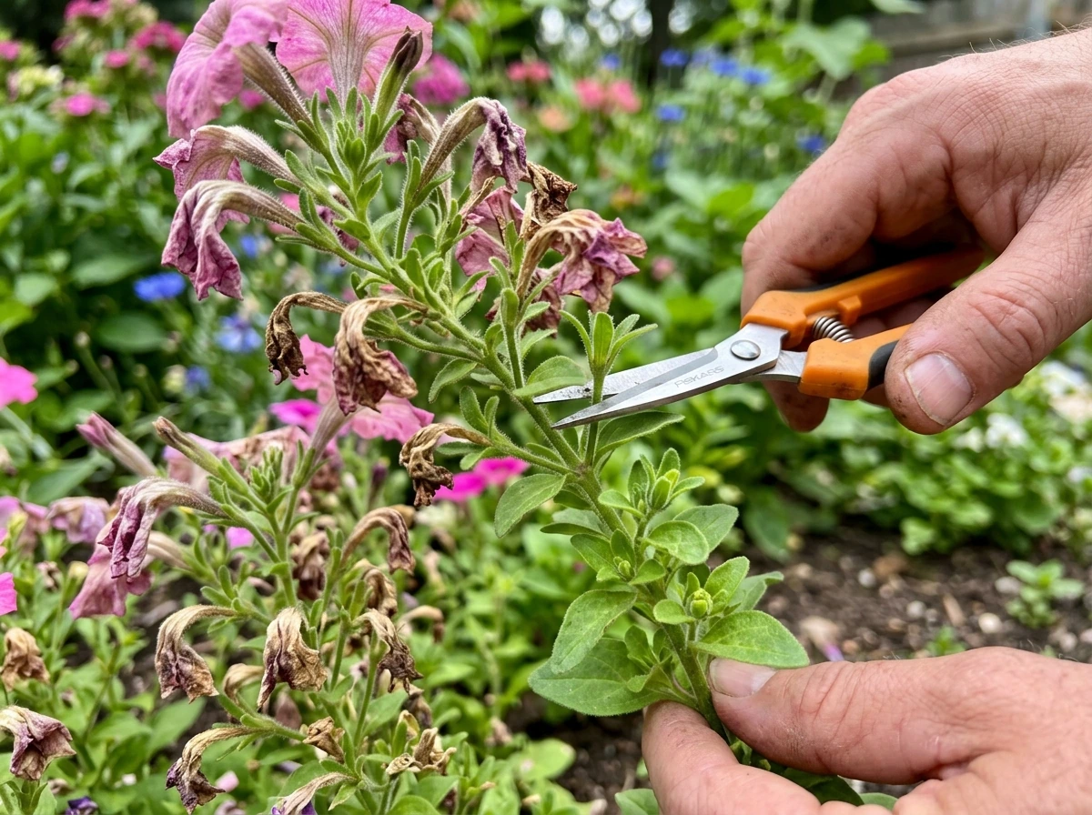 Hand deadheading an annual flower stem with pruners