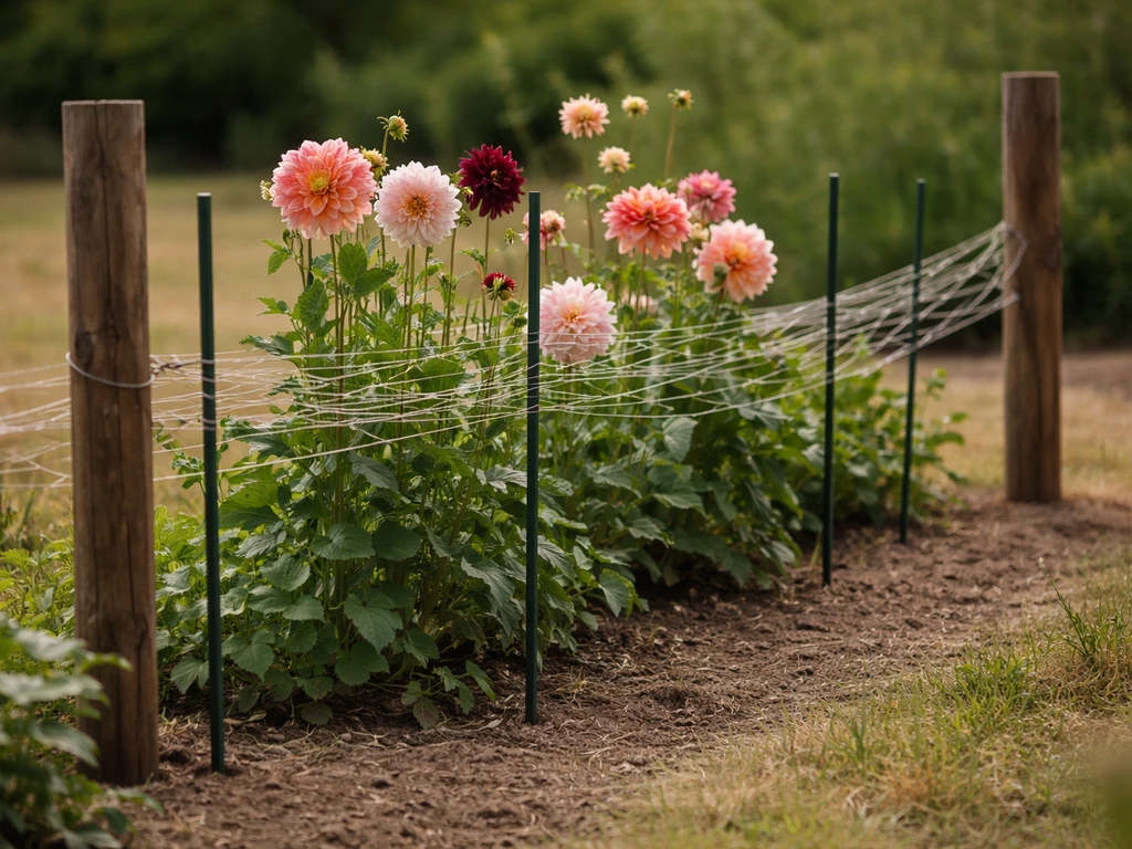 Garden flowers supported by individual stakes with simple horizontal netting between posts.