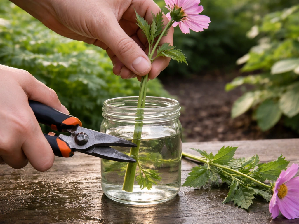 Hands pruning a fresh flower stem beside a clear vase with water for conditioning.