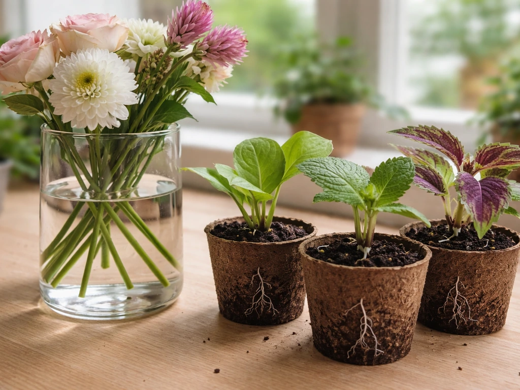 Fresh cut-flower stems beside small rooted cuttings with tiny emerging roots in bright propagation light.