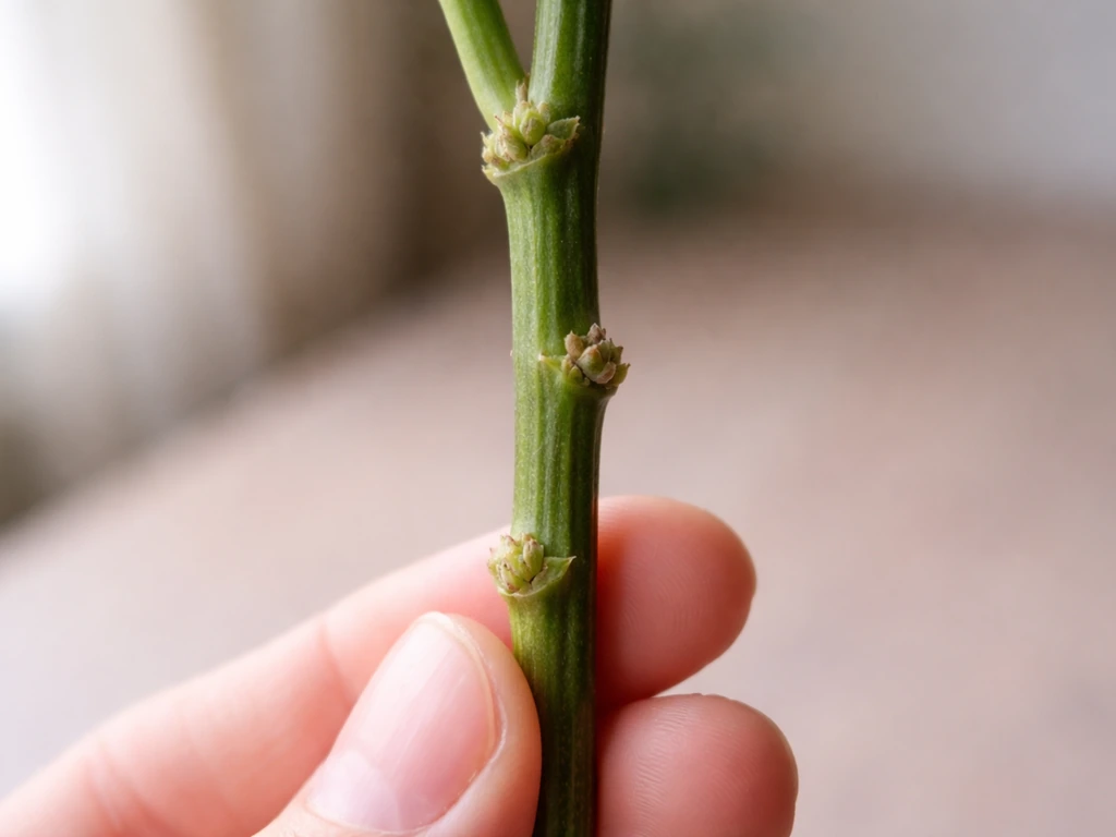 Close-up of a cut-flower stem held toward the camera, showing nodes where roots form.