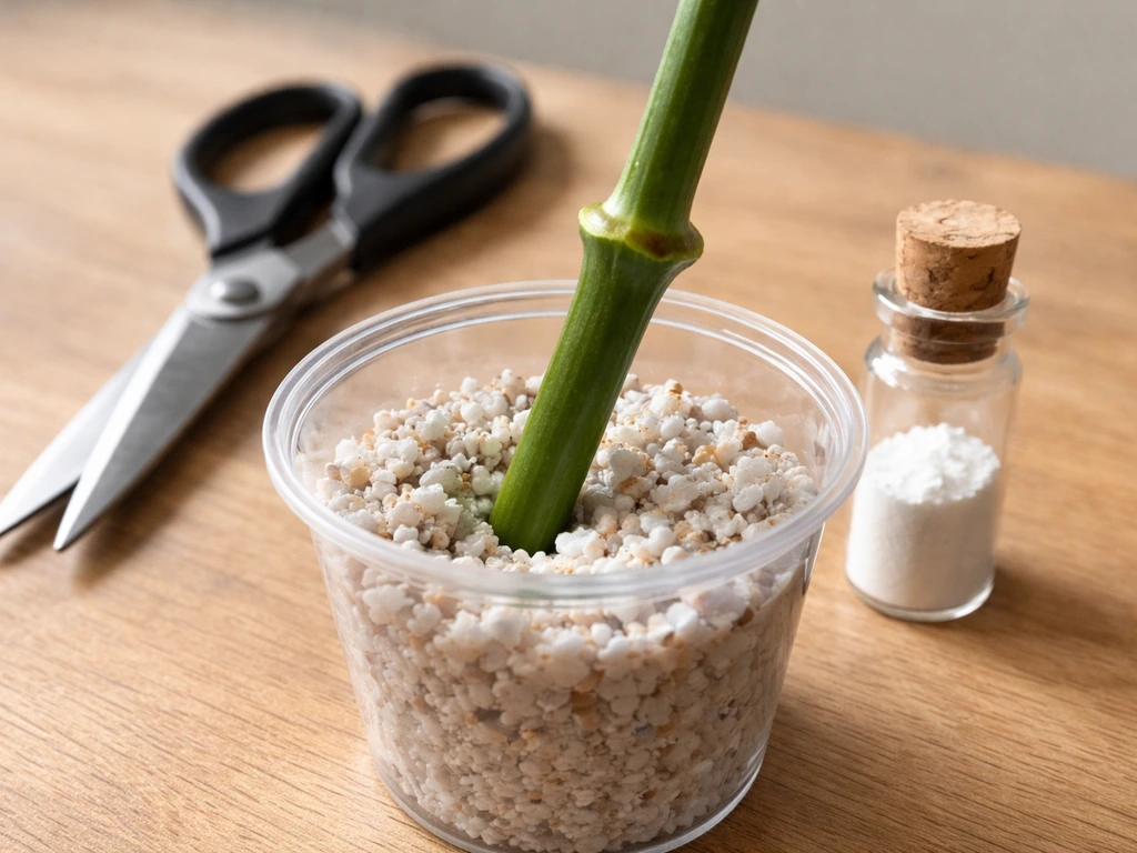 Single recut flower stem inserted into rooting medium with scissors and rooting hormone nearby
