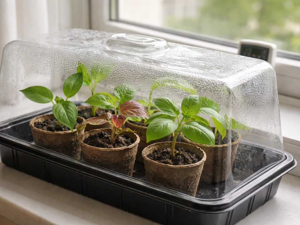Potted plant cuttings under bright indirect light beneath a clear humidity dome with a small sensor in back.