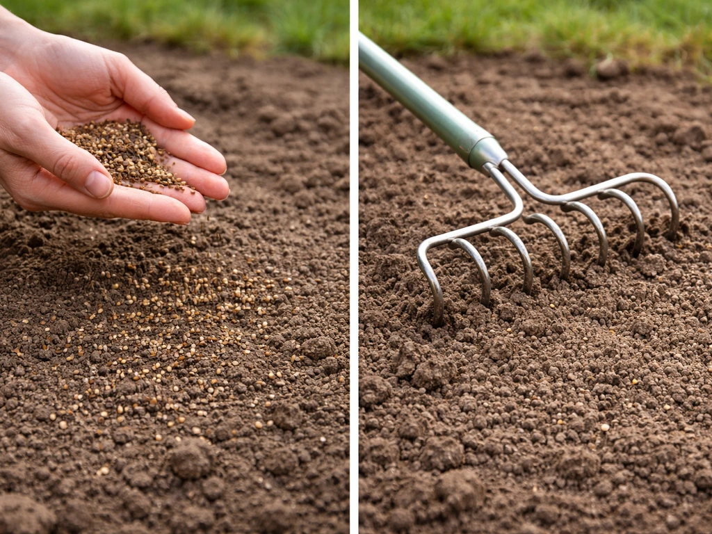 Hands scatter wildflower seeds over soil as a rake lightly pulls them in shallowly.