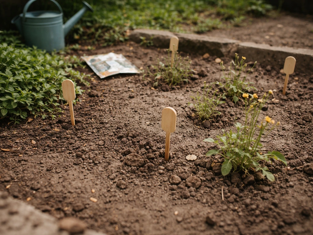 Small wildflower garden bed showing bare soil, weeds, and sparse growth with blank plant tags.