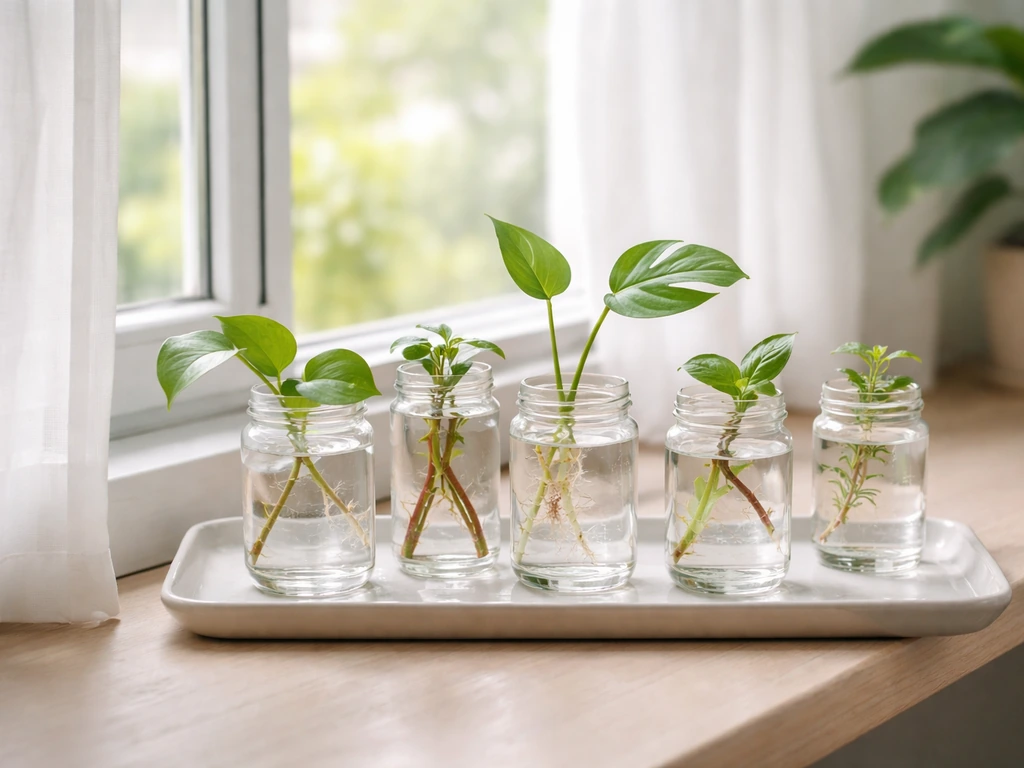 Plant cuttings in water jars on a sunlit windowsill under a sheer curtain with soft indirect light.
