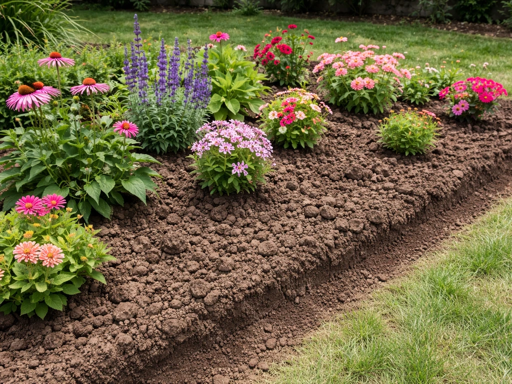 Vibrant flowers thriving in dense heavy clay soil beds with visible texture and neat raised edges.