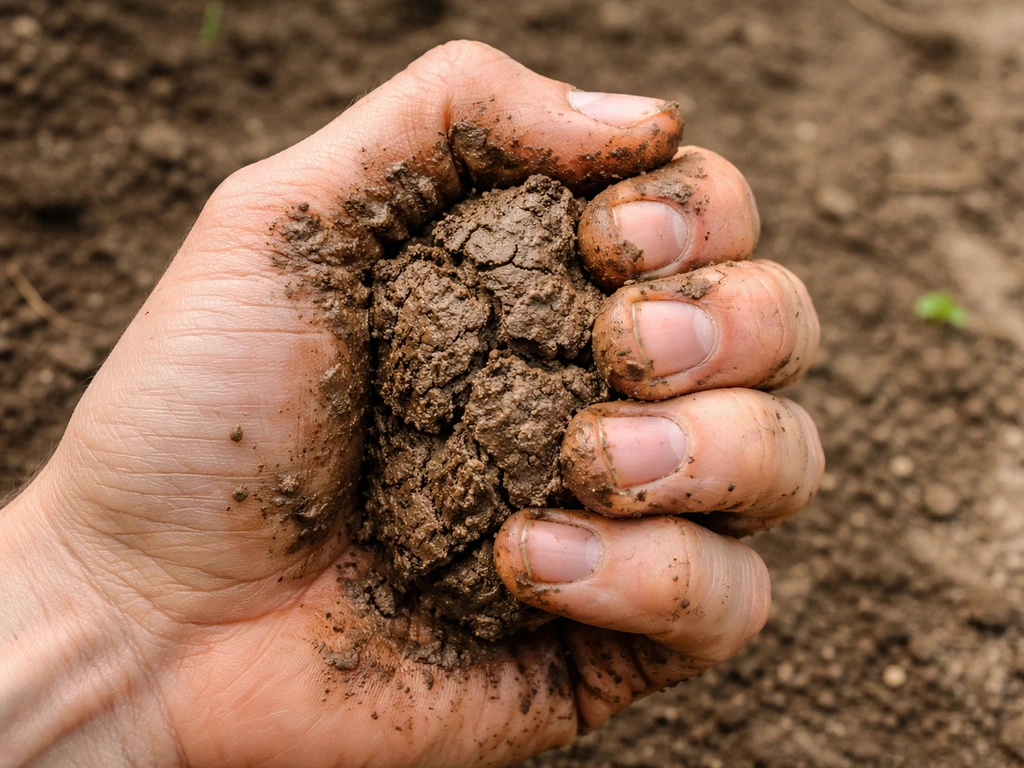 Close-up of a hand squeezing damp clay soil, showing moist clumps and compressed texture.