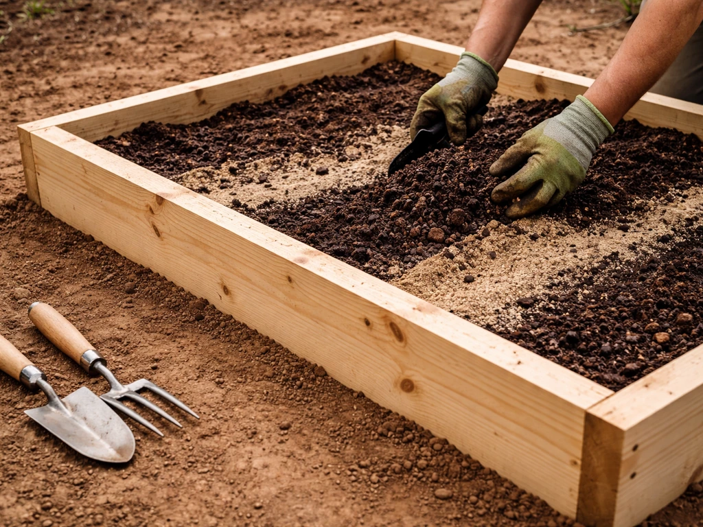 Gardener layering soil into a new raised bed frame on top of clay soil, with tools nearby