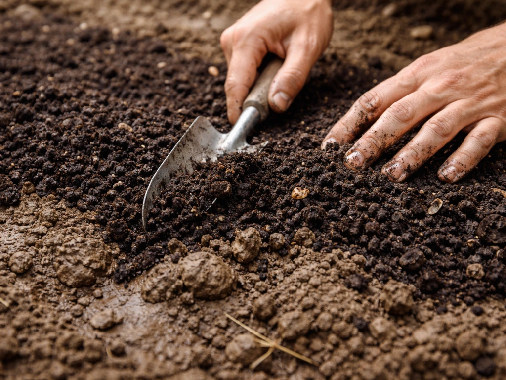 Hands topdressing compost onto a clay garden bed and lightly mixing it into the topsoil