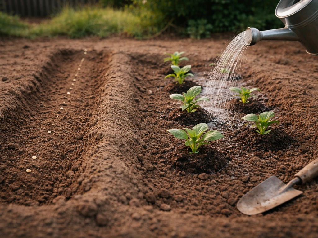 Prepared seed row in clay soil beside newly planted flower transplants being watered by hand