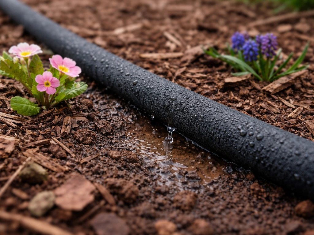 Soaker hose slowly waters mulched clay soil around emerging flowers.