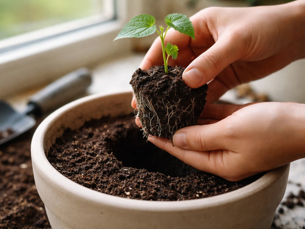 Hands gently placing a moonflower seedling root ball into a pot filled with soil indoors.