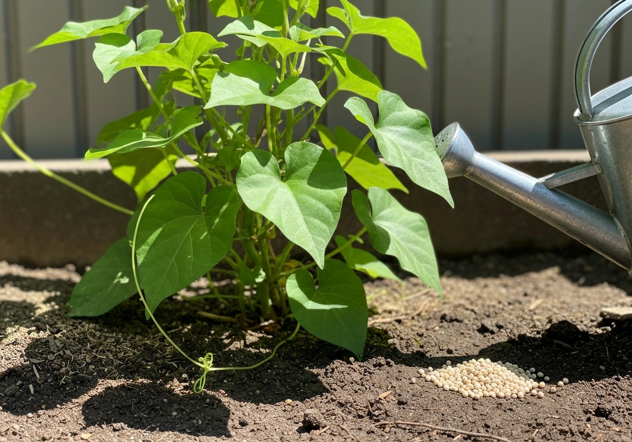 Moonflower vine in full sun beside dark soil, mulch, and a watering can for controlled watering and feeding