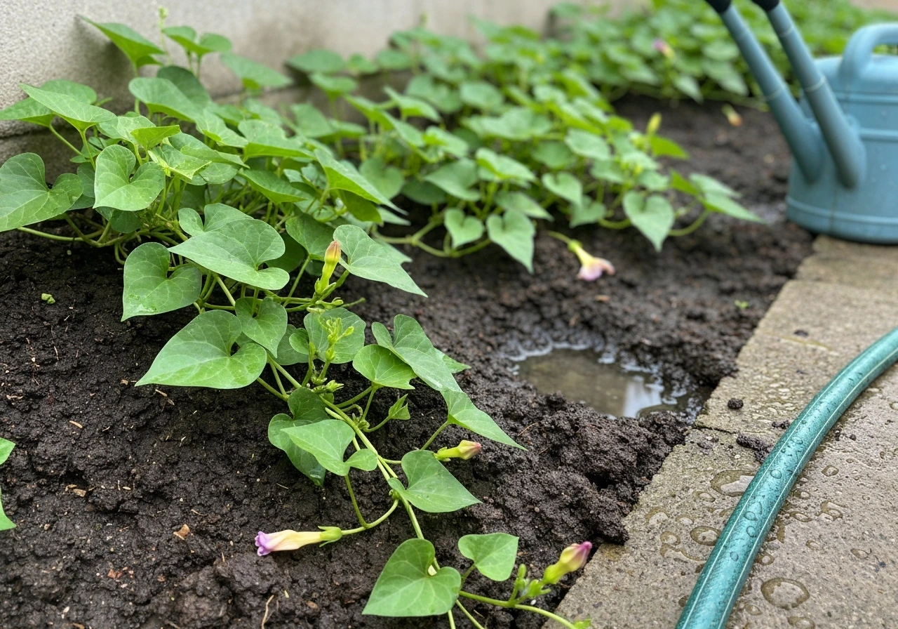 Moonflower vines with thick leafy growth and few blooms beside a garden bed with signs of overwatering.