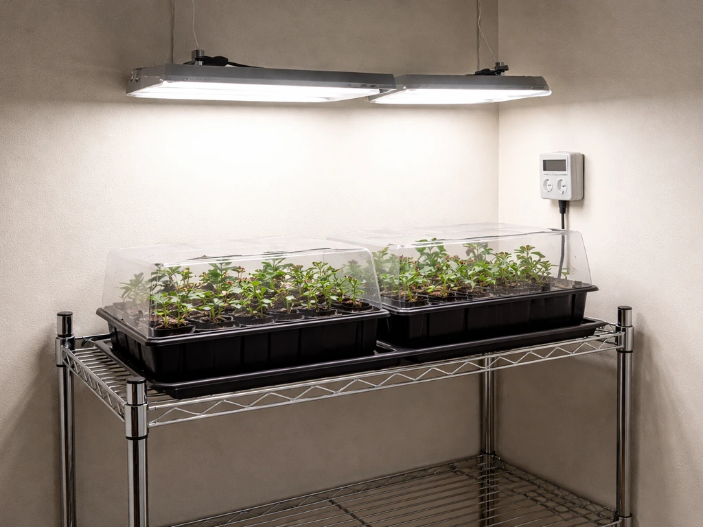 Indoor grow setup with LED lights over seedling trays on a shelf, timer on the wall, runoff-catching tray below.
