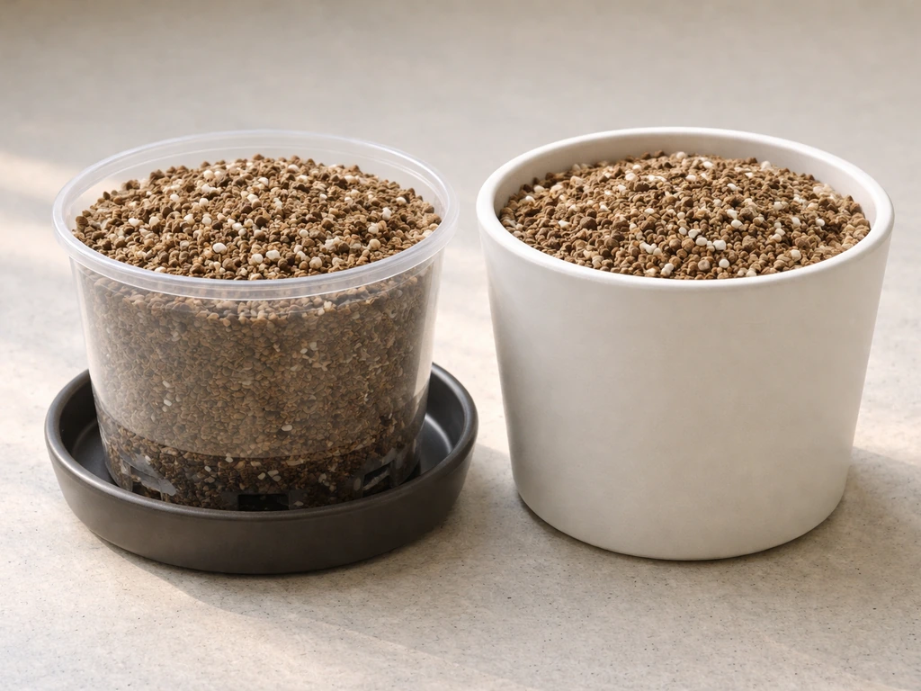 Two small pots side-by-side, one with drainage holes and saucer, one without, filled with sterile mix.