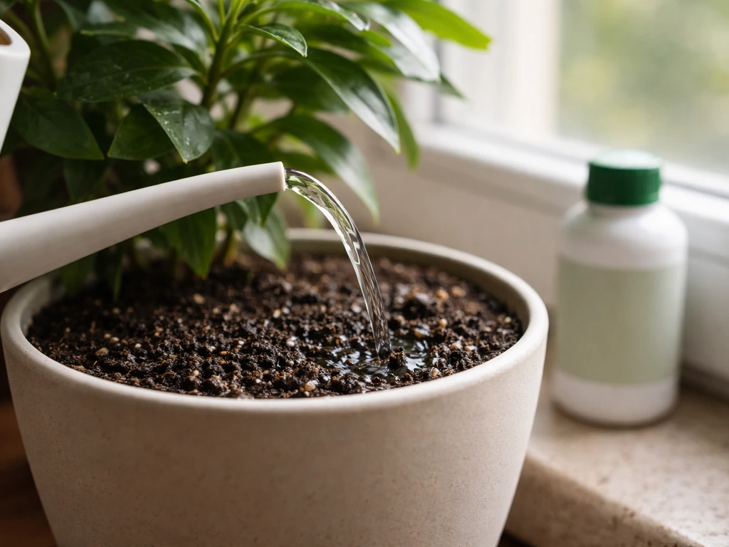 Watering can pours into potting soil with moist, not soggy soil; small fertilizer bottle nearby.