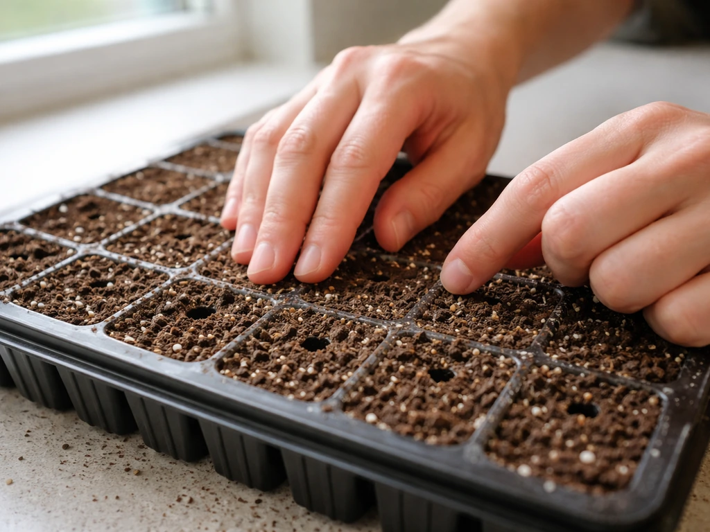 Hands filling small seed tray with sterile seed-starting mix, leveling soil, and dropping tiny flower seeds.