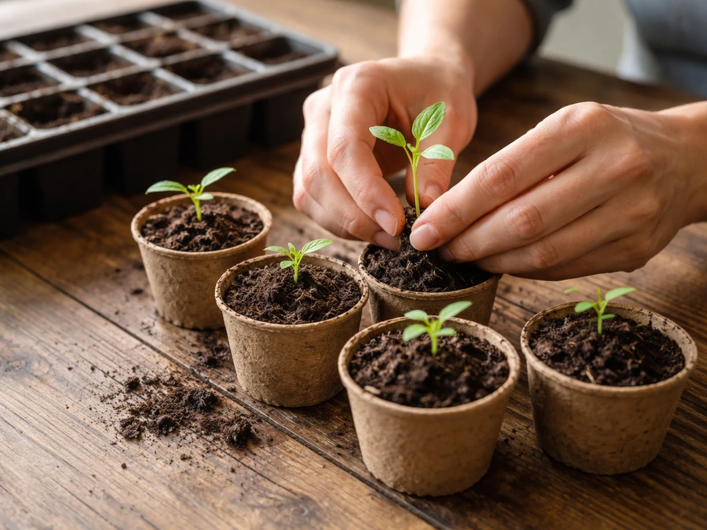 Hands transplanting seedlings with true leaves from seed tray into small pots of potting mix.
