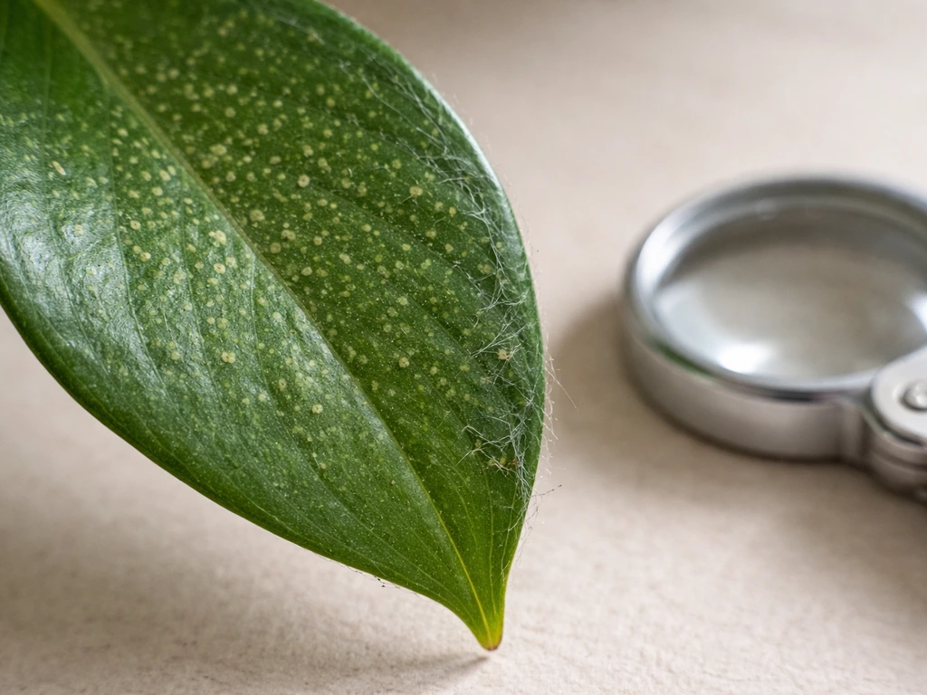 Close-up of a plant leaf with spider-mite stippling and faint webbing near a hand lens