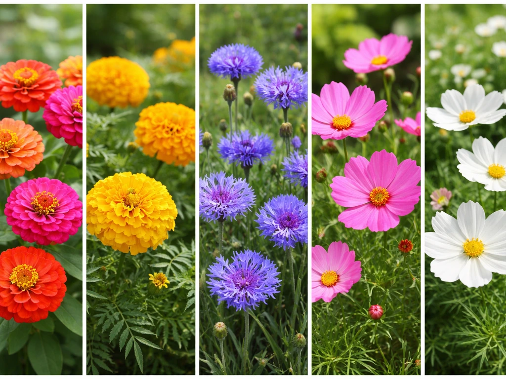 Collage of five easy beginner flowers—zinnias, marigolds, bachelor’s buttons, and cosmos—in bloom