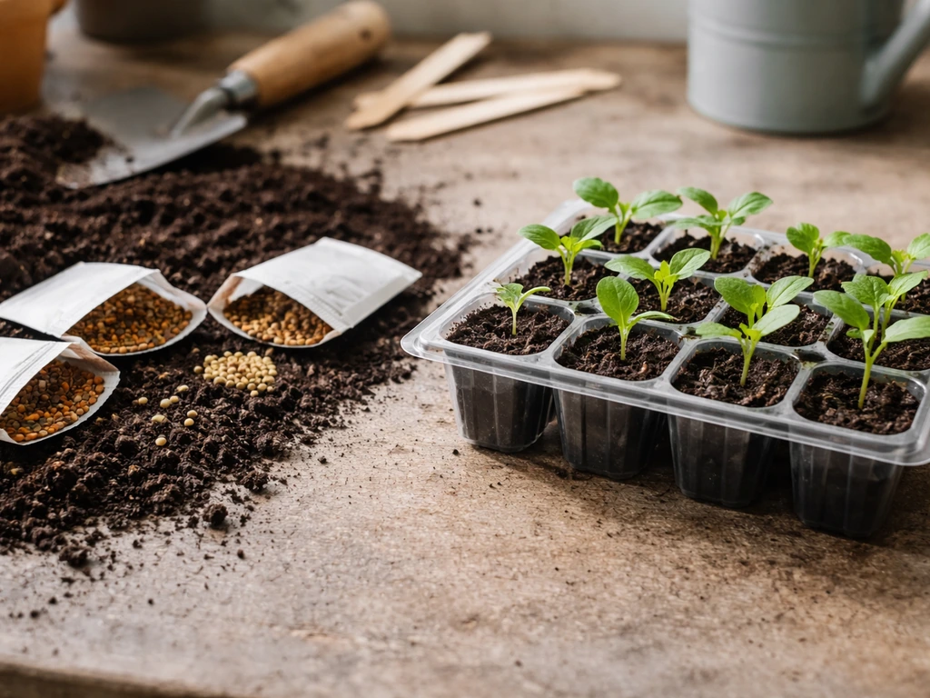 Seed packets with soil beside a small tray of nursery plug starts on a garden work surface