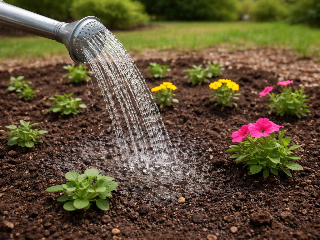 Watering a young flower bed: a watering can spout pours onto evenly moist soil and seedlings.