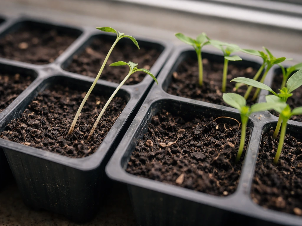 Close-up of seedling bases showing damping-off on thin seedlings next to healthy sturdy seedlings