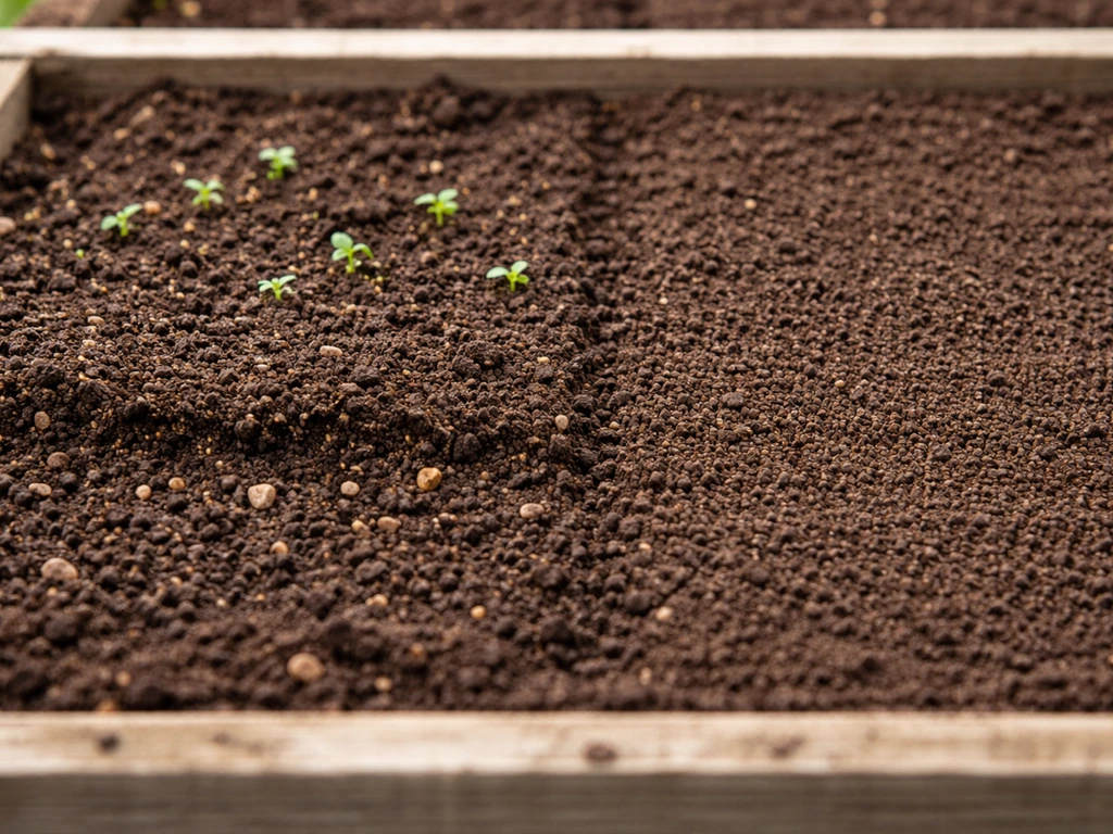 Close-up garden soil showing tiny weed seedlings beside a freshly prepared weed-free-looking patch.