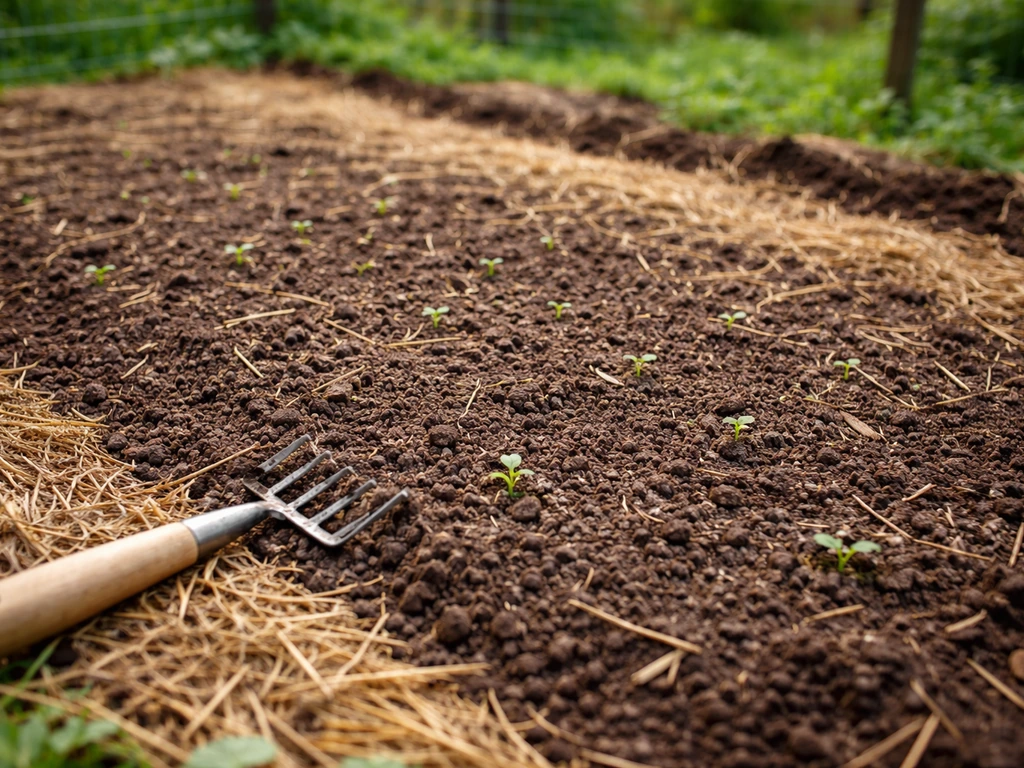 Fine raked seedbed soil with a few tiny weed seedlings and a hand rake at the edge.