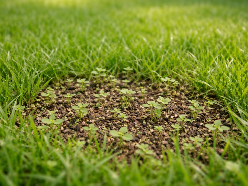 Close-up of an early wildflower bed with neatly mowed grass at proper height, no scalped bare soil.