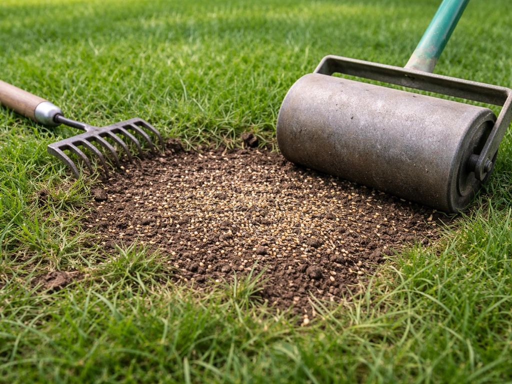 Bare patch in a lawn with lightly raked soil, wildflower seed scattered, and a small roller pressed in
