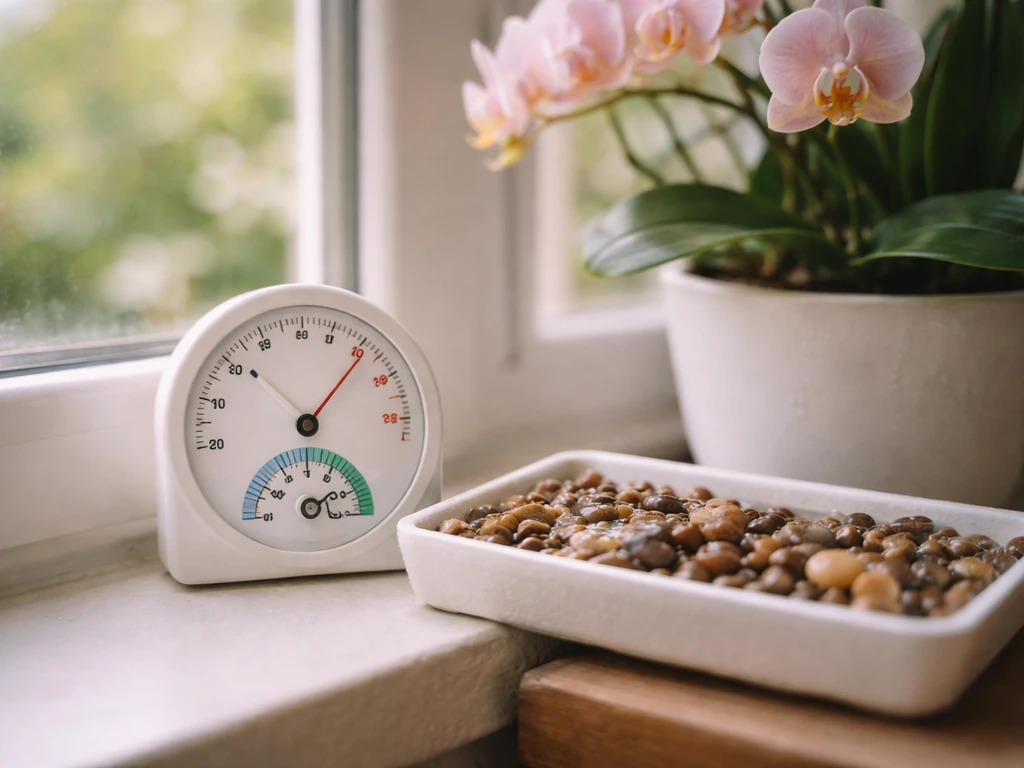 Close-up of a thermometer/hygrometer beside a small humidity tray next to blooming indoor plants