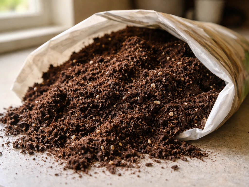 Close-up of crumbly indoor potting mix spilling from an opened bag on a counter.
