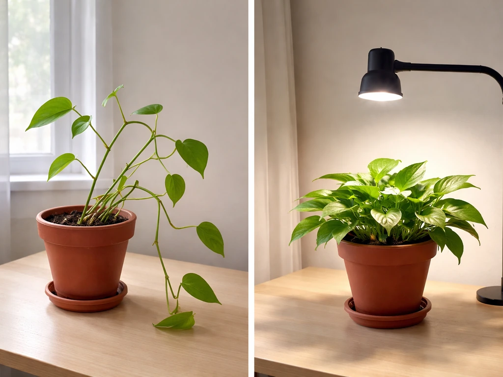 Two potted plants side by side: one leggy and stretched, the other compact under grow lights.
