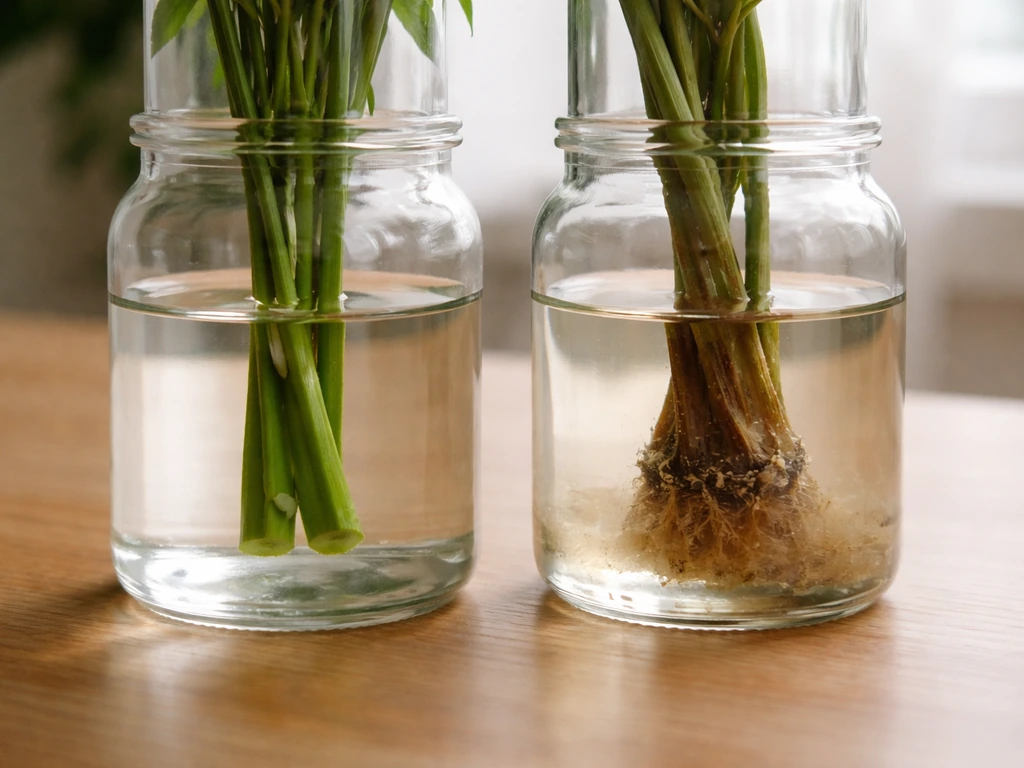Two bouquet stems in water: one fresh and green, the other browning and slimy at the base.
