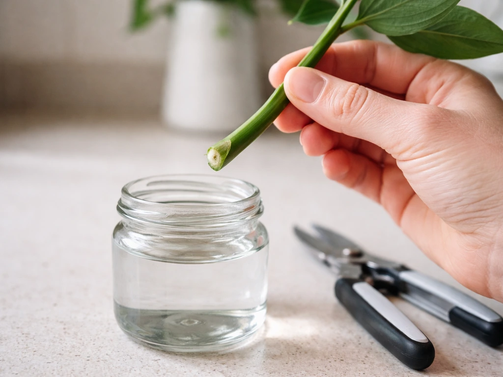 Hand holding a bouquet stem cutting with node area visible above a jar for rooting