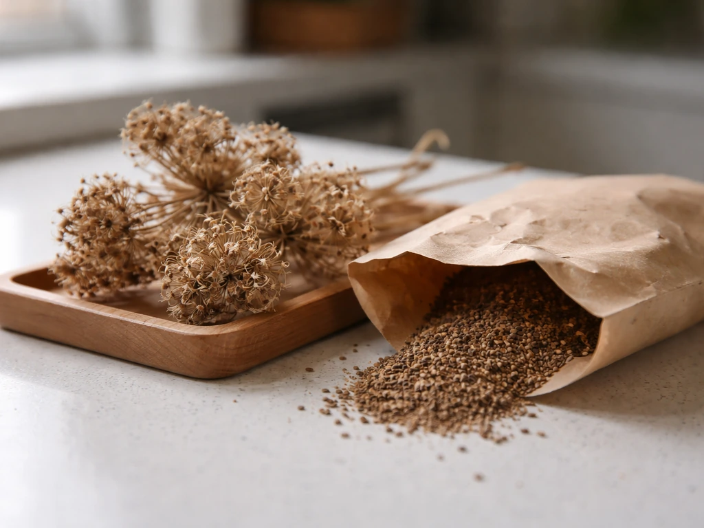 Dried seed heads from a bouquet beside a paper bag of seeds on a kitchen counter.