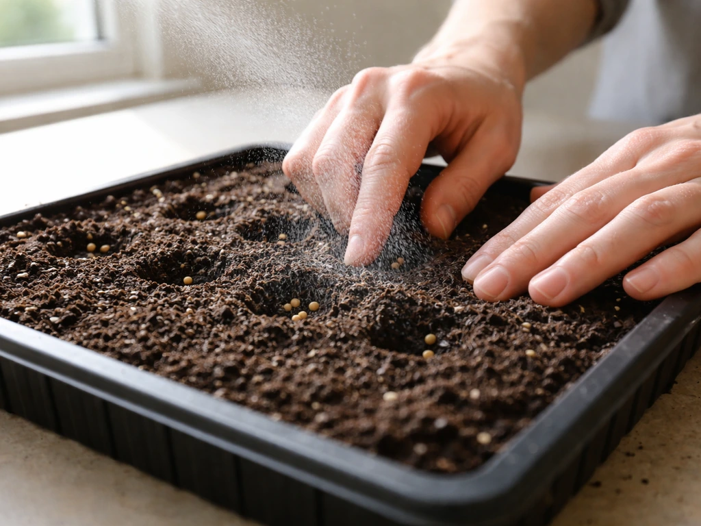 Hands sow small seeds into shallow holes in seed-starting mix inside a tray, lightly misted.