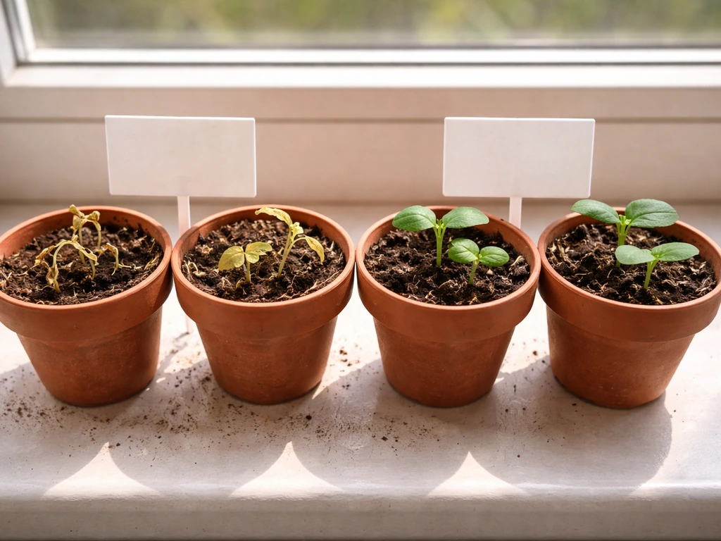 Close photo of dry yellowing seedlings in pots beside a simple comparison card, minimal garden setting