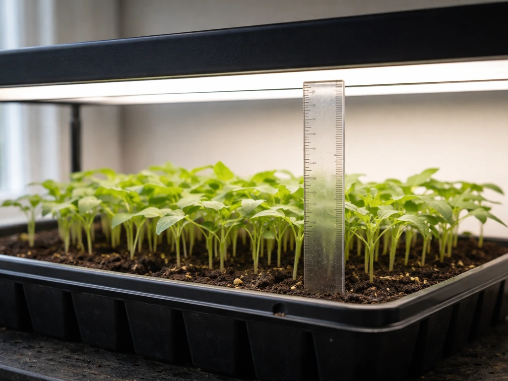 Seedlings under an indoor grow light with a ruler showing the spacing between light and plants.