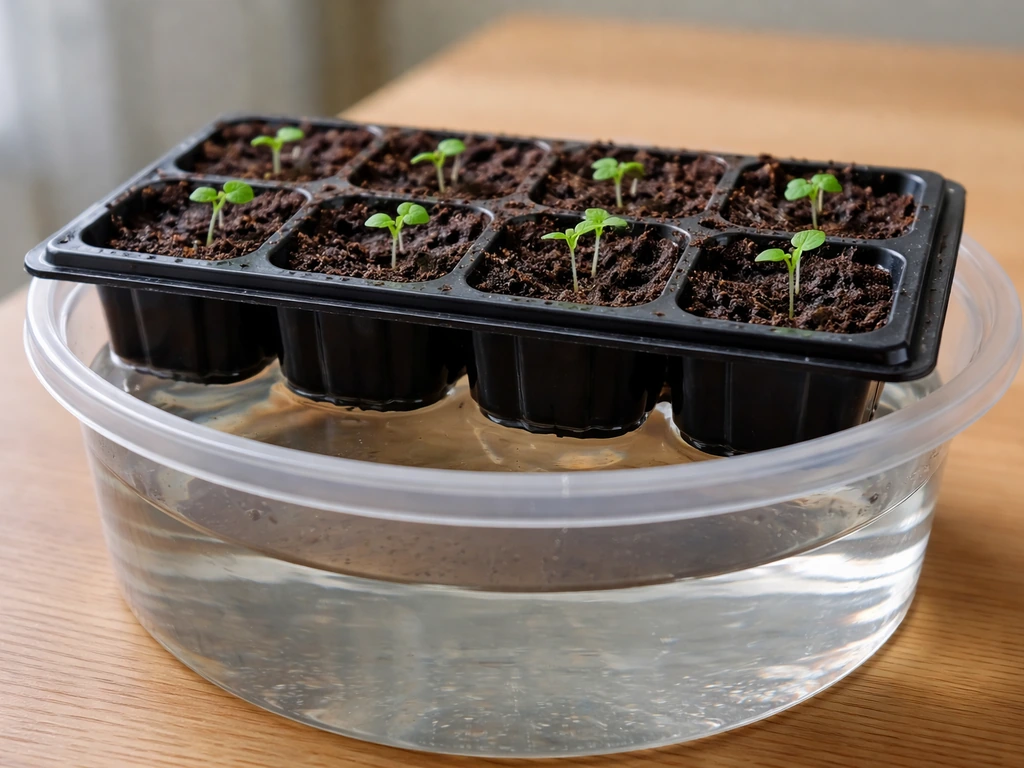 Seedling tray bottom-watering setup with water just reaching the tray’s base.