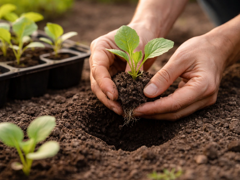Gardener’s hands transplant a small seedling with true leaves from a tray into prepared soil.
