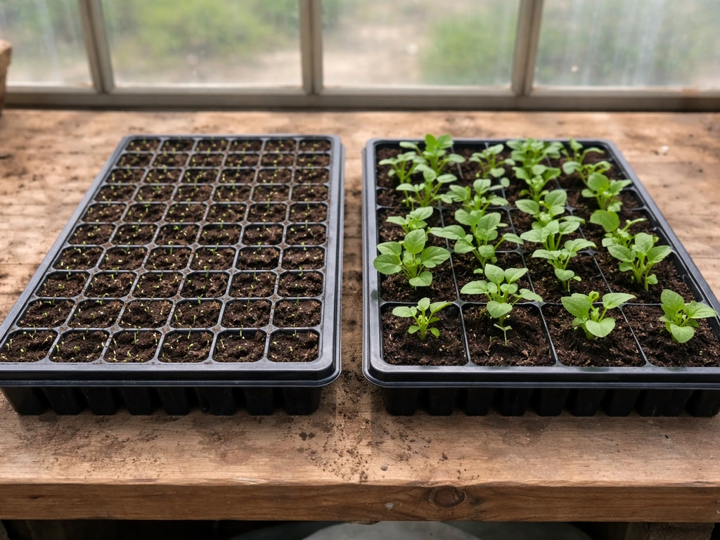 Side-by-side trays in a greenhouse: seed-starting pots on the left and healthy transplants on the right.