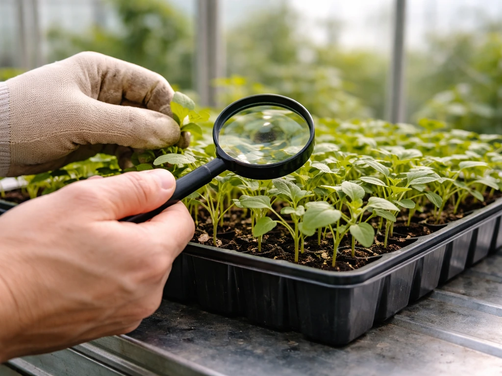 Gloved hands and magnifying glass inspecting a flat of seedlings on a greenhouse bench.